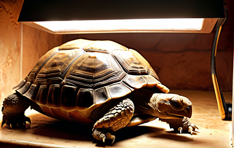 **Prompt:** A cozy tortoise enclosure in a Turkish home. Focus on a healthy and happy tortoise basking under a ceramic heat emitter, with a thermostat visible. Use warm lighting and a background showcasing typical Turkish decor.