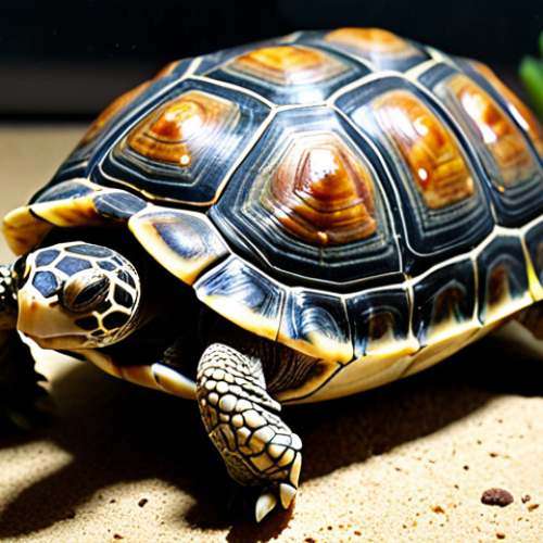 **

> A turtle with a softened shell (shell rot), showing signs of calcium deficiency.  Close-up on the shell, highlighting the discoloration and soft texture.  The setting is a poorly maintained terrarium with inadequate lighting.

**