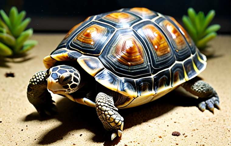 **
> A turtle with a softened shell (shell rot), showing signs of calcium deficiency. Close-up on the shell, highlighting the discoloration and soft texture. The setting is a poorly maintained terrarium with inadequate lighting.
**