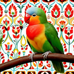 **A colorful lovebird perched on a branch, gently preening its feathers, with a bright and cheerful background of Turkish tulips and traditional Ottoman patterns.** (Focus: Peaceful, content lovebird in a culturally relevant Turkish setting).