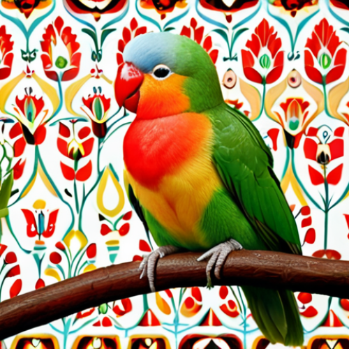 **A colorful lovebird perched on a branch, gently preening its feathers, with a bright and cheerful background of Turkish tulips and traditional Ottoman patterns.** (Focus: Peaceful, content lovebird in a culturally relevant Turkish setting).