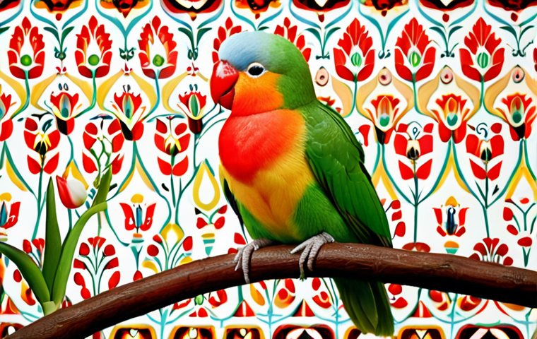 **A colorful lovebird perched on a branch, gently preening its feathers, with a bright and cheerful background of Turkish tulips and traditional Ottoman patterns.** (Focus: Peaceful, content lovebird in a culturally relevant Turkish setting).