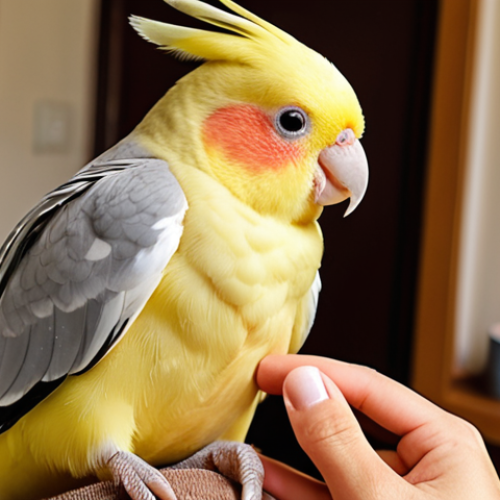 A vibrant cockatiel perched on a human's finger or shoulder, with a gentle and warm interaction. The cockatiel is actively looking at the human, perhaps with its beak slightly open as if about to mimic a sound, symbolizing its intelligence and social bond. The setting is a cozy, brightly lit home interior, emphasizing the loving relationship and communication between pet and owner.