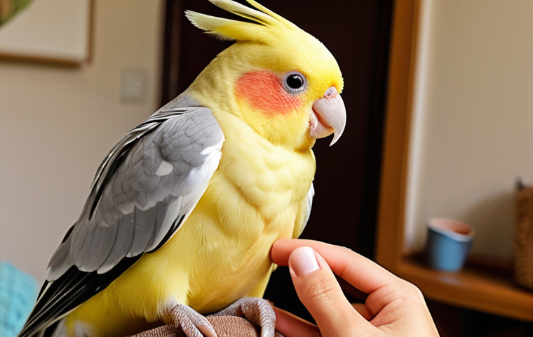 A vibrant cockatiel perched on a human's finger or shoulder, with a gentle and warm interaction. The cockatiel is actively looking at the human, perhaps with its beak slightly open as if about to mimic a sound, symbolizing its intelligence and social bond. The setting is a cozy, brightly lit home interior, emphasizing the loving relationship and communication between pet and owner.
